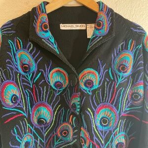 Michael Simon NY Beaded Peacock Ramie/Cotton Vintage Button Down Sweater L
